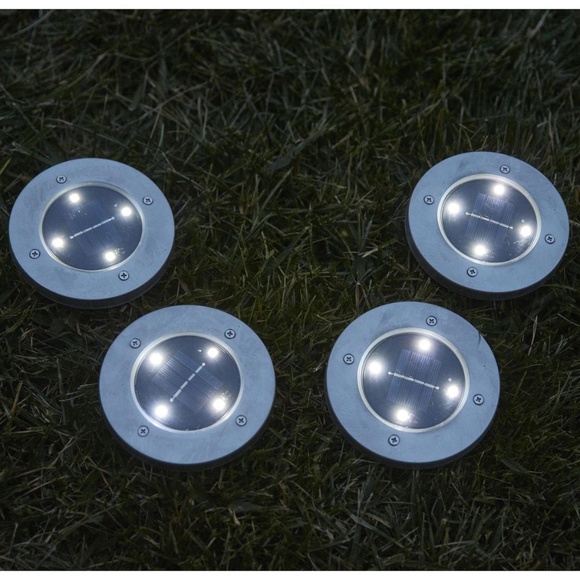 Solar LED IN-Ground 4 Disk Light Pucks I Stainless Finish I Auto Dusk Turn On - Picture 1 of 8